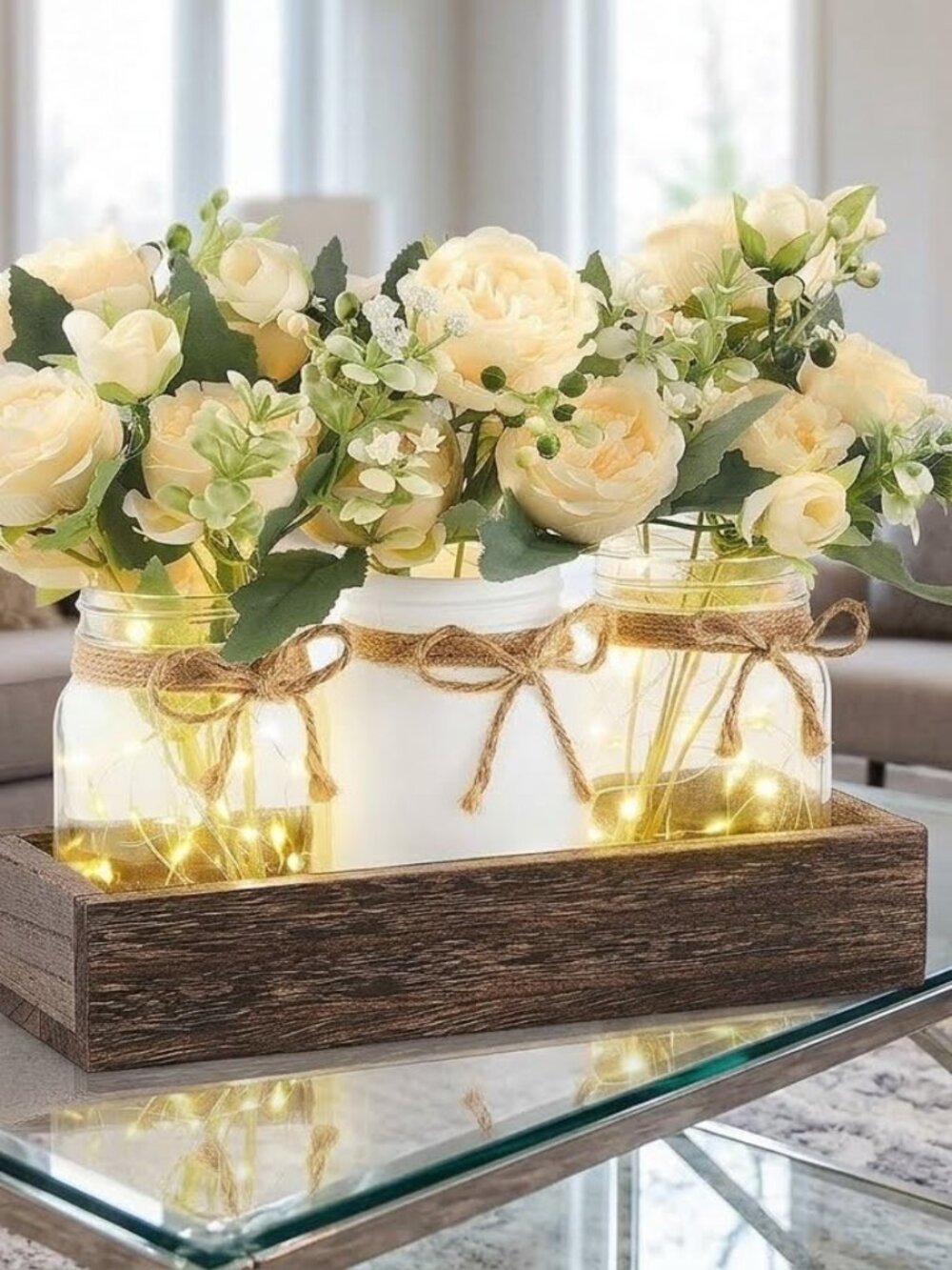 Farmhouse Mason Jar Table Centerpiece with Lights